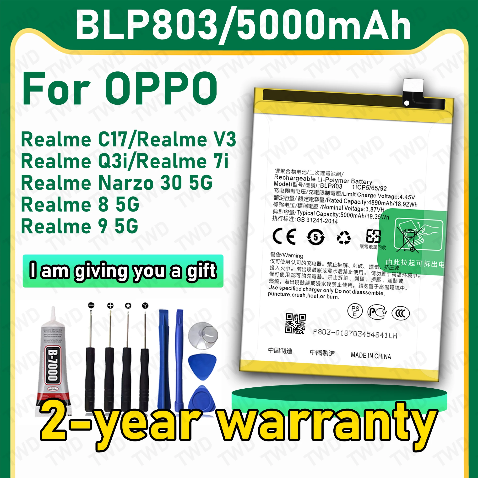 

BLP803 Large capacity Battery For OPPO Realme C17/Realme V3/Realme Q3i/Realme 7i Batteries New High Quanlity+Free Tools