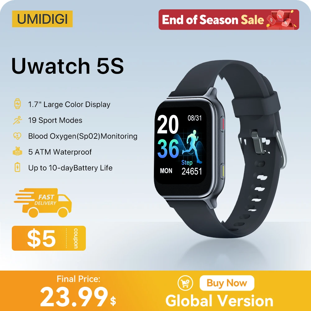 

UMIDIGI Uwatch 5S Bluetooth Smart Watch 1.7" 5ATM Waterproof SmartWatch Fitness Heart Rate Blood Oxygen Monitor for Android iOS