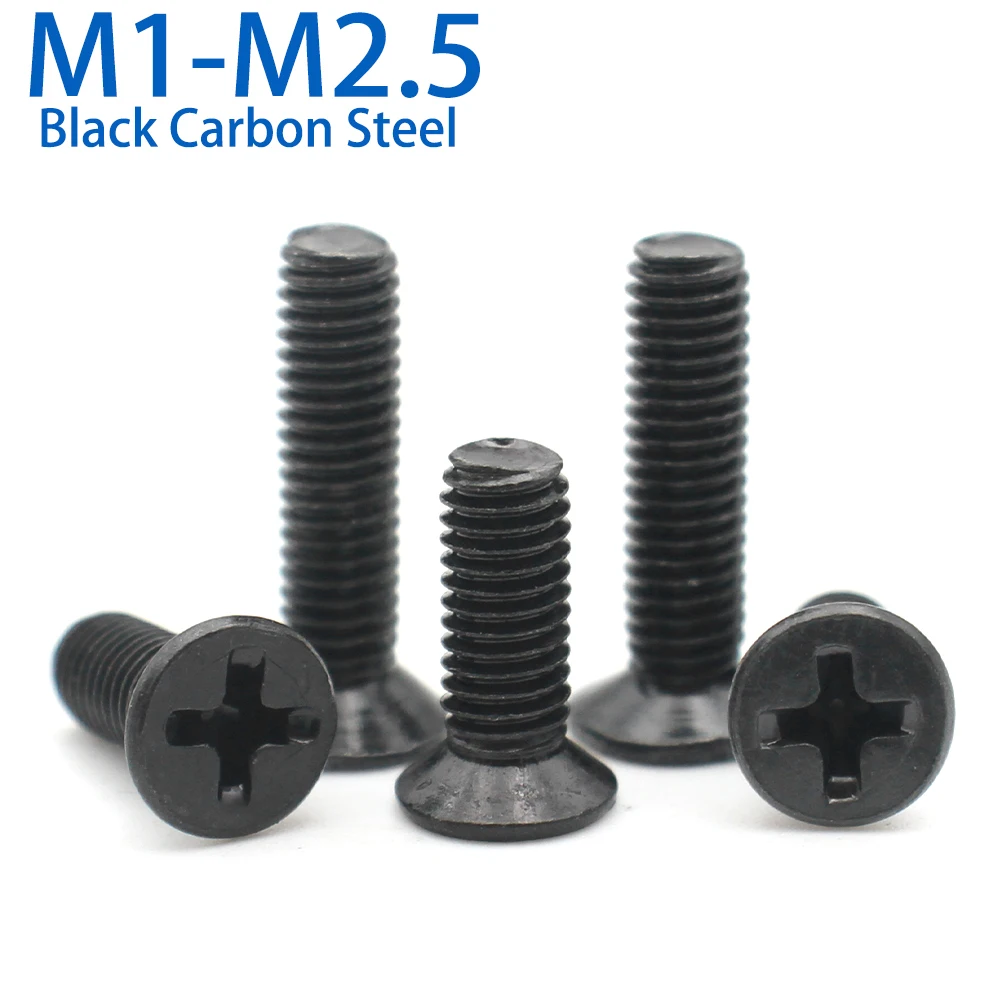50/100pcs M1 M1.2 M1.4 M1.6 M1.7 M2 M2.5 Tiny Cross Phillips Flat Head Countersunk Head Screw Bolt Mini Small Black Steel Screw
