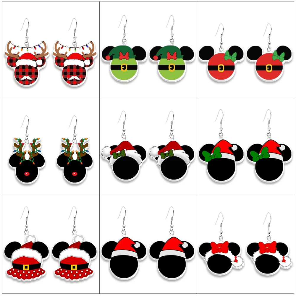 Disney Mickey Cute Earrings Santa Hat Cartoon Figure Christmas Acrylic Pendant Ear Drop Earrings Xmas Jewelry Decoration