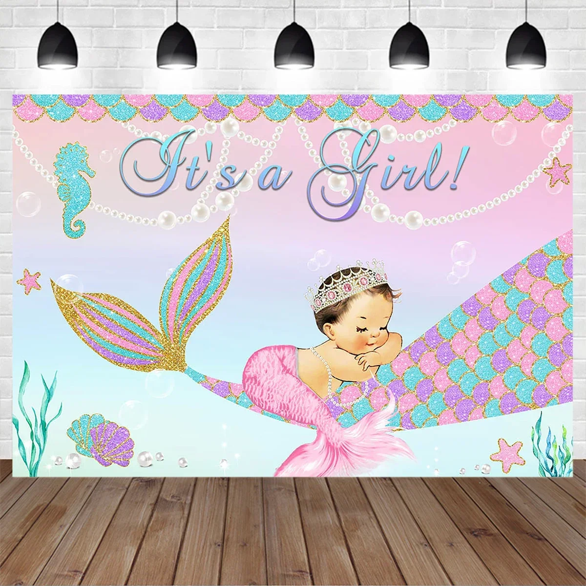 

Little Mermaid Princess Birthday Decoration Background for Girl Baby Pearl Crown Seabed Backdrop Newborn Cake Smash Table Photo