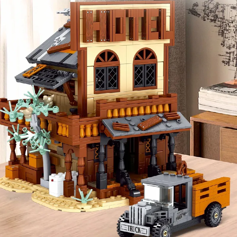 1597 pçs criativo especialista ocidental cowboy cidade hotel blocos de construção conjunto com modelo de caminhão vintage diy montagem brinquedos para adultos presente