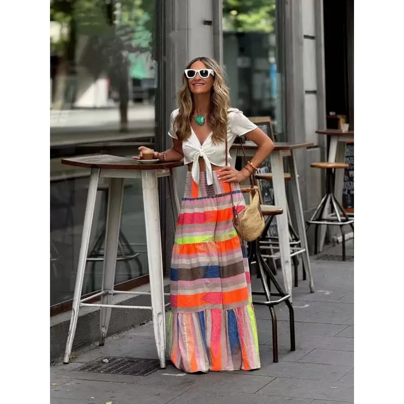 Color‑Stripe Print Spliced Elastic Waist Maxi Swing Skirt Women Rainbow High Waist A‑Line Flowy Midi Skirt Streetwear Party