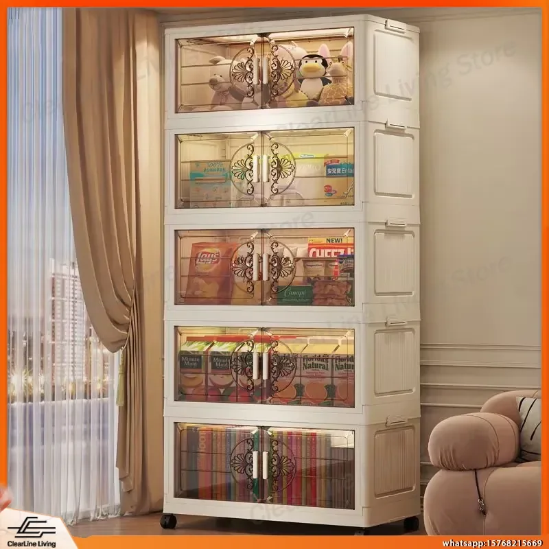 

Transparent Folding Storage Cabinet Plastic Wardrobe Organizer Box Light Luxury Living Room Shelf 45cm 55cm 75cm 1 2 3 4 5