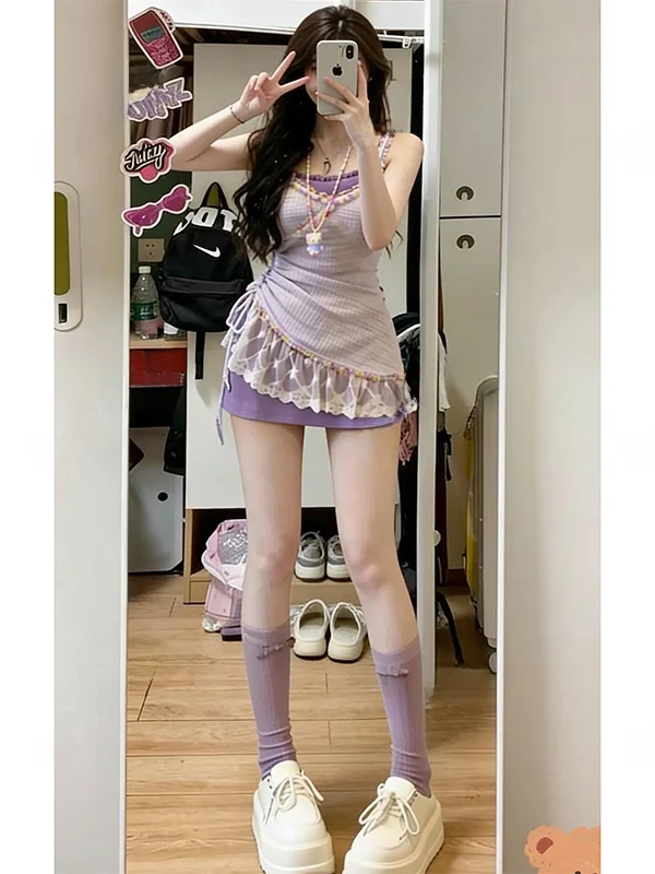 Summer Slimming Lace Trimmed Drawstring Holiday Dress Set Sweet Pure Desire Two-Piece Suit City Commute Street Style Beachwear