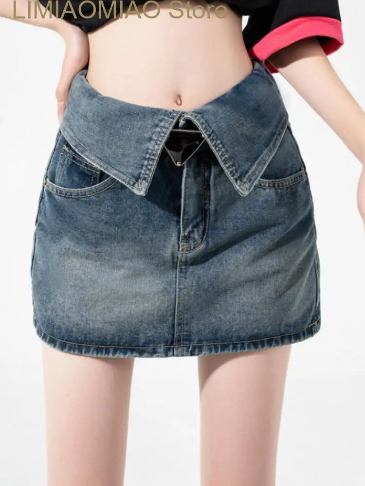 New Vintage Elegant Denim Skirt Women Designer Party Mini Skirt Female High Waist Korean Style Casual Skirt