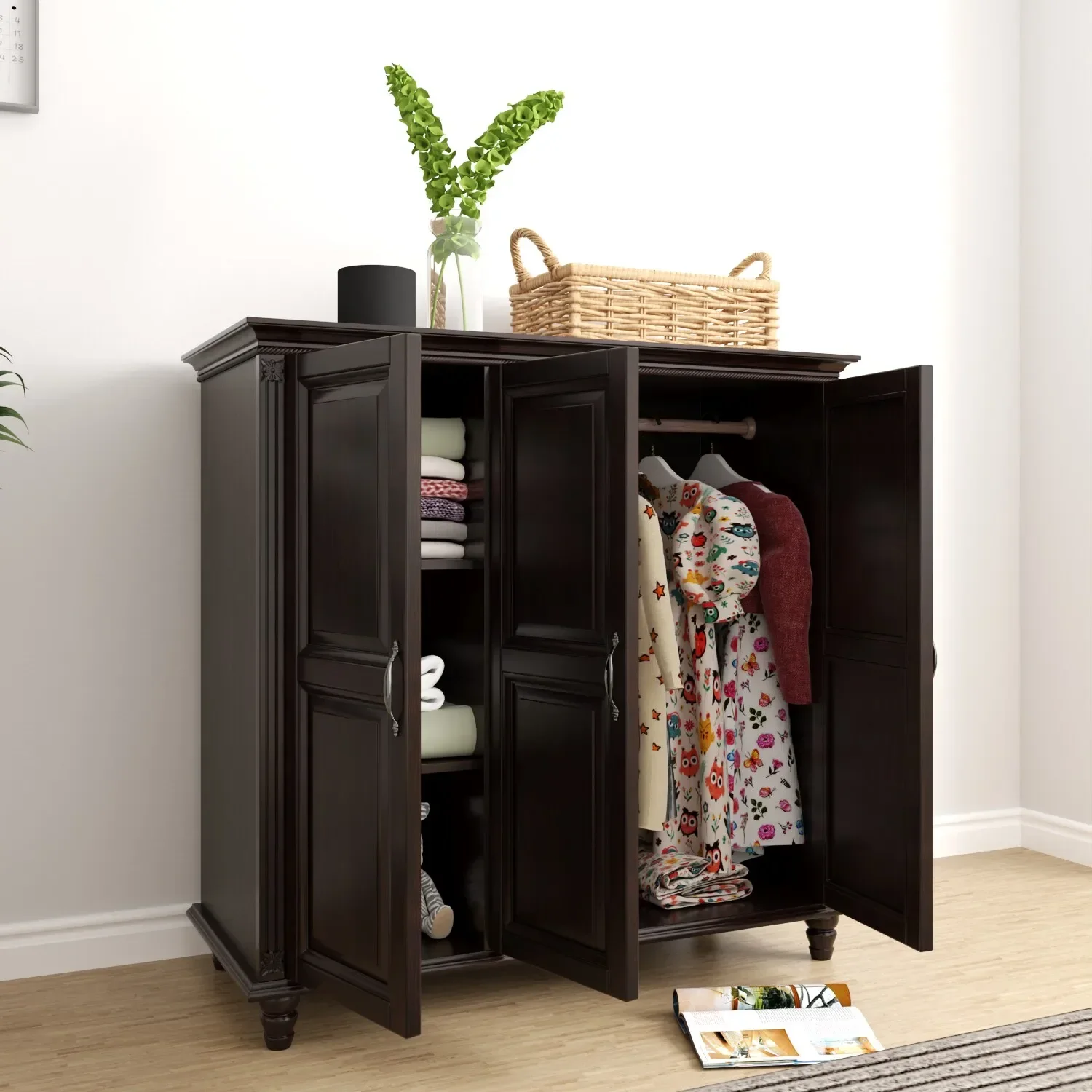 All Solid Wood Retro Dark Walnut Three Or Four Door Wardrobe Small Apartment Short Wardrobex14