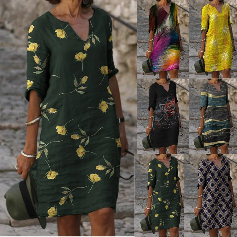 

Летнее свободное платье с цветочным принтом ort Sve Женское платье в стиле ретро с V-образным вырезом А-силуэта Midi Dr Simple Commute Sle Другое Материал...