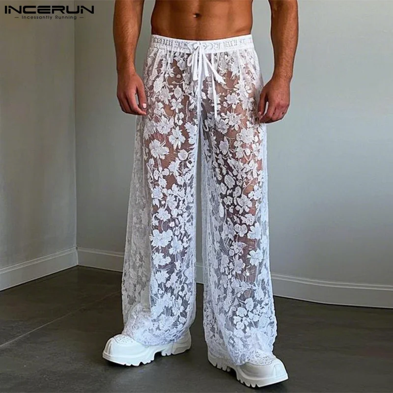 INCERUN Men Pants Lace Mesh Transparent Drawstring Joggers Sexy Male Trousers Streetwear Loose 2025 Fashion Party Pantalon S-5XL