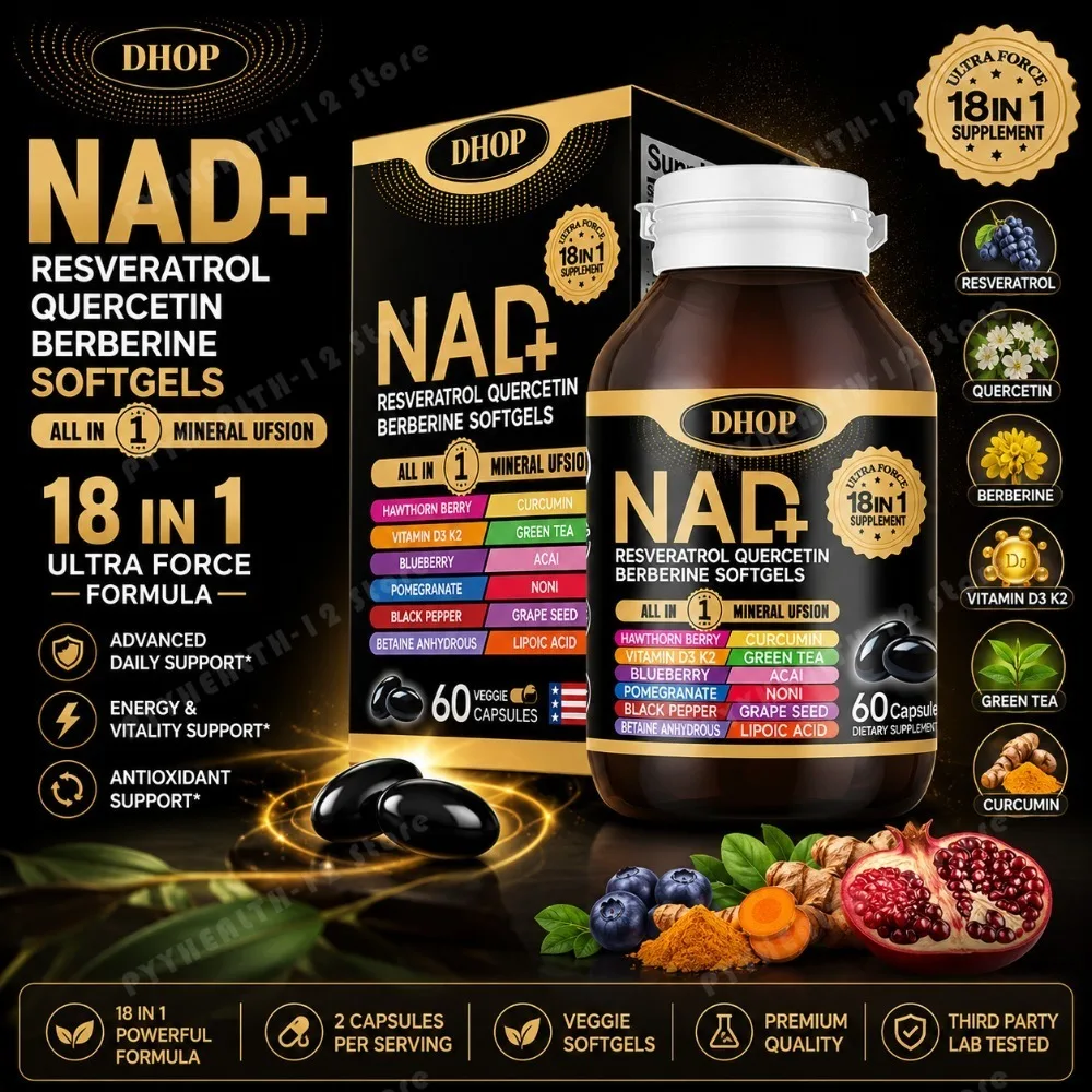 DHOP 18 in 1 NAD+ Complex Softgels with Resveratrol Quercetin Berberine Green Tea Vitamin D3 K2 Blend, Dietary Supplement  60 Ct