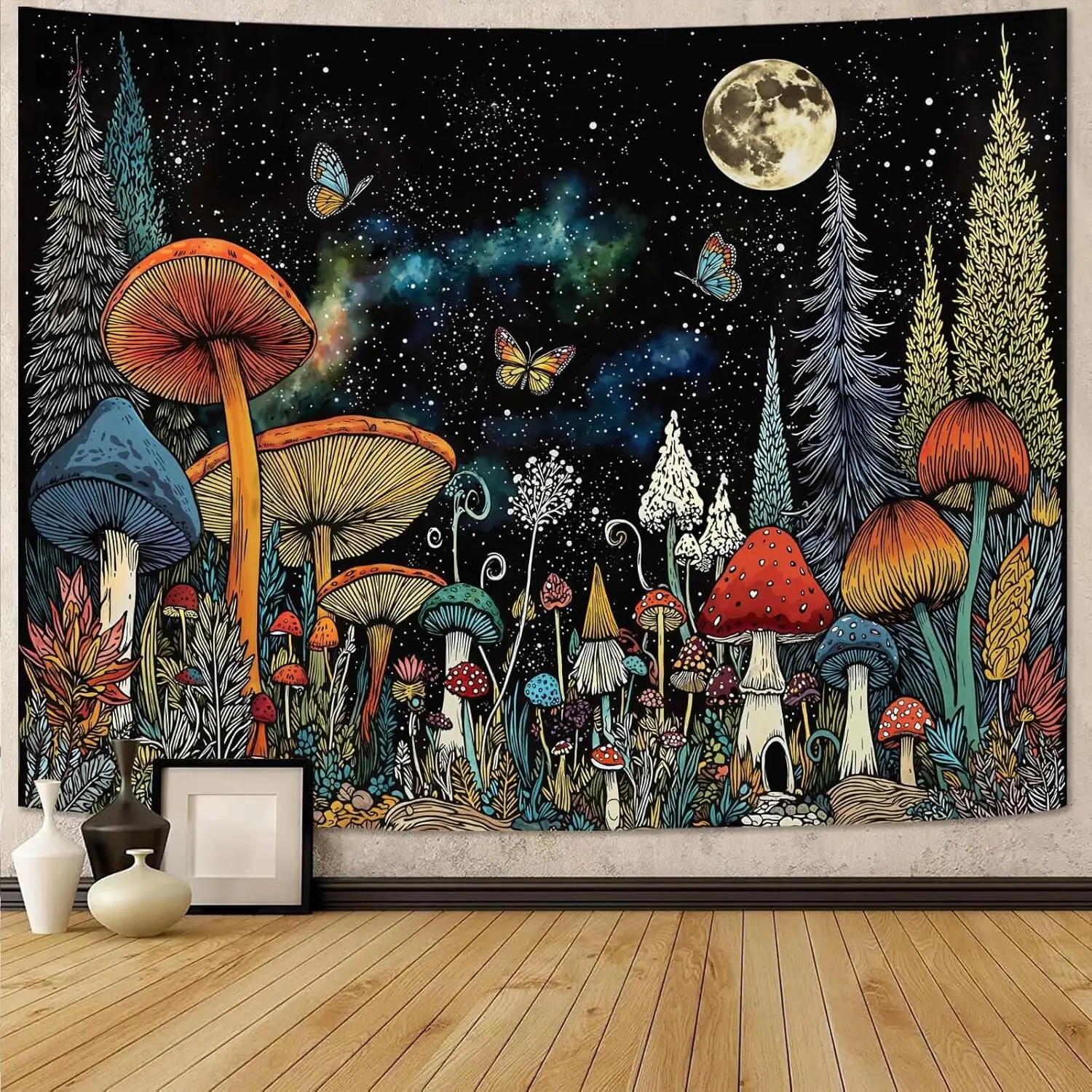 Mushroom Forest Tapestry Fantasy Starry Night Moon Pine Tree Wall Tapestry for Bedroom Aesthetic Butterfly Small Tapestries