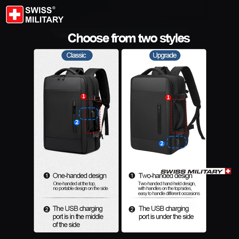 SWISS MILITARY Laptop Backpack Men 15.6 Inch Multi Pocket Expandable Backpack Waterproof USB School Backpack Business Travel Bag