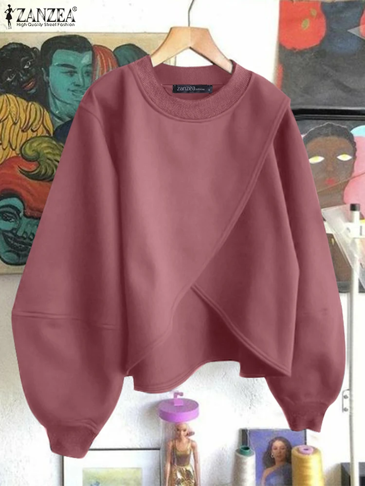 ZANZEA atasan sweter rajut lengan panjang, baju Jumper tipis Hem tidak beraturan, Sweatshirt rajut polos longgar kasual model Korea, atasan pullover mode wanita