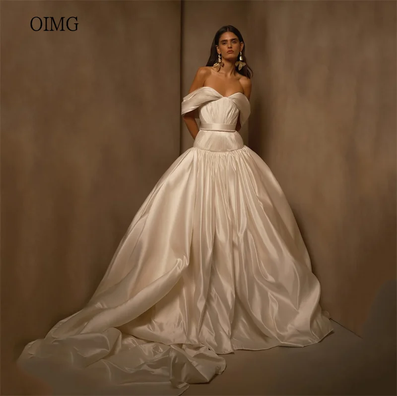 

OIMG Modern Satin Off The Shoulder A Line Wedding Dress Backless Long Tail Bride Dresses Floor Length Wedding Gowns Customized