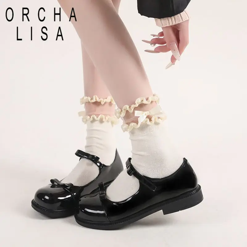 

ORCHA LISA Black Shiny Girls Flats Round Toe Hook&Loop Butterfly Knot Small Size 31 32 33 Sweet Mary Janes Daily Shoes Footwear
