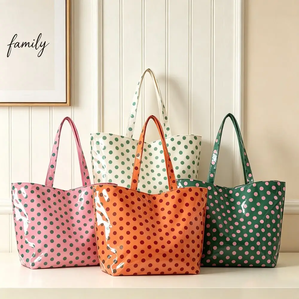 PVC Polka Dot Tote Bag Glossy Finish Polka Dot Pattern PVC Tote Bag Waterproof Large Capacity Shoulder Shopping Bag Leisure Use