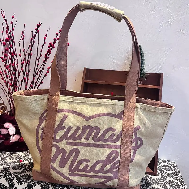 2026 Human Made Style Letter Heart Tote Bag Cute Dog Print Vintage Casual Handbag