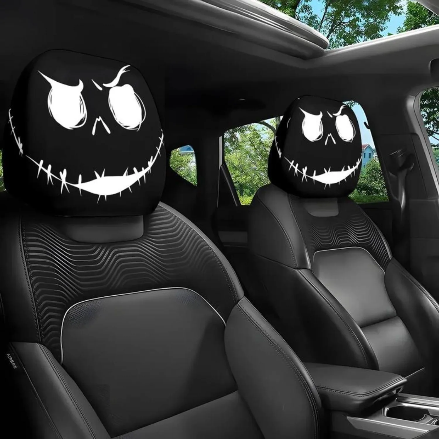 

2pcs Car Headrest Covers with Spooky Smile Print Design, Universal Fit Seat Protector for Long-Distance Driving & Business Trips