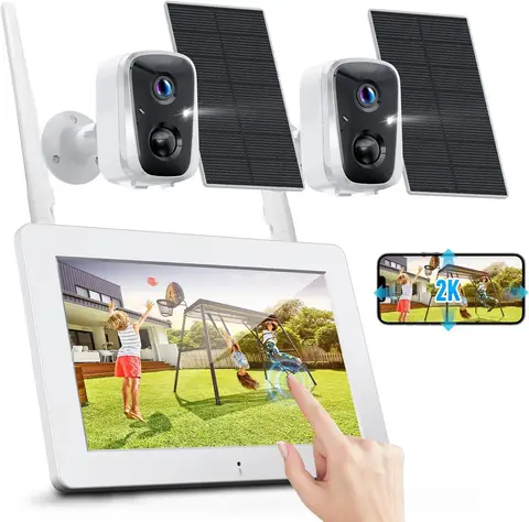 보안 실외 카메라 무선: 10인치 LCD 모니터 NVR 키트, 태양광 카메라 4개, 360도 ° 풀 컬러 야간 투시경을 갖춘 팬 & 틸트