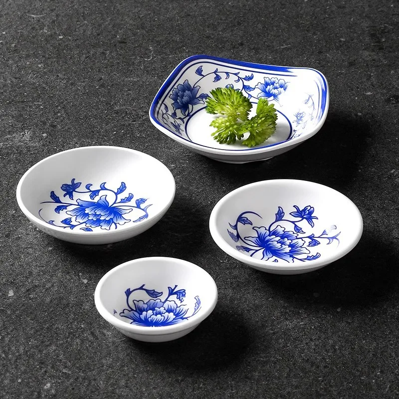 

Chinese Melamine Sauce Dish Blue and White Porcelain Pattern Seasoning Bowls Tableware for Kitchen Soy Spice Container