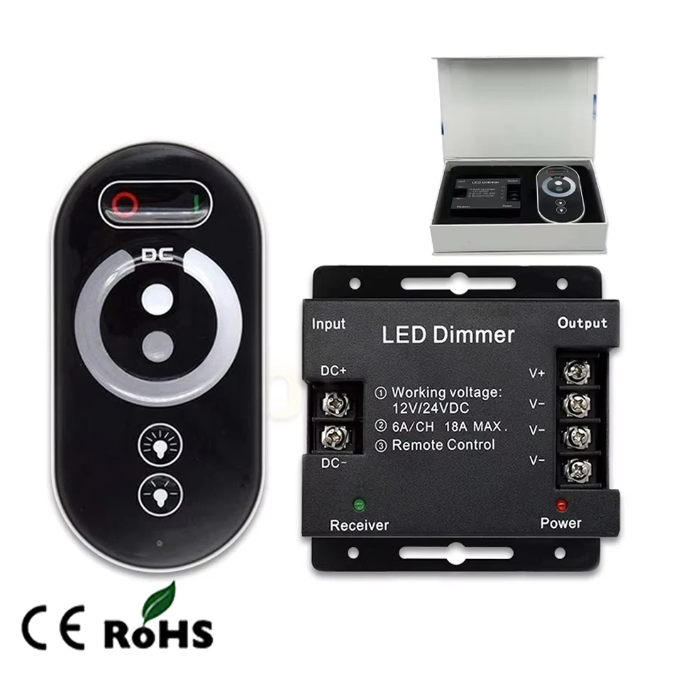 DC12V-24V 18A PWM LED Strip Dimmer, Touch Sliding Remote, Stepless Dimming Brightness Adjustable for Single Color LED Strip Deco