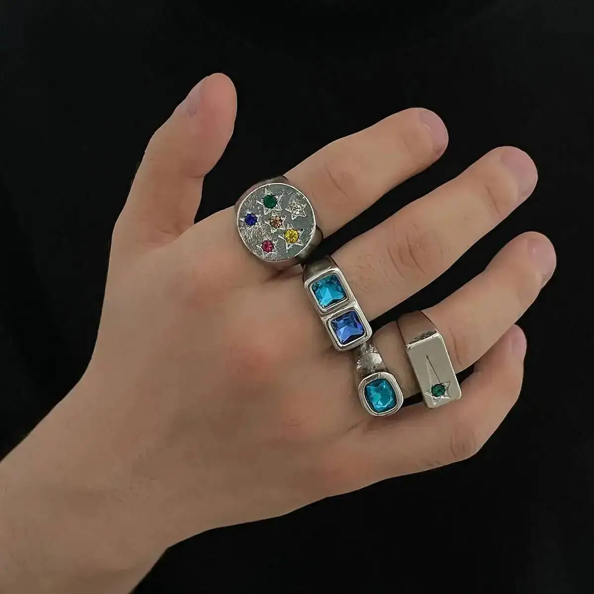 SHIXIN Vintage Square Blue Rhinestone Open Cuff Finger Rings Men Fashion Luxury Silver Color Adjustable Stack Ring Jewelry Gift