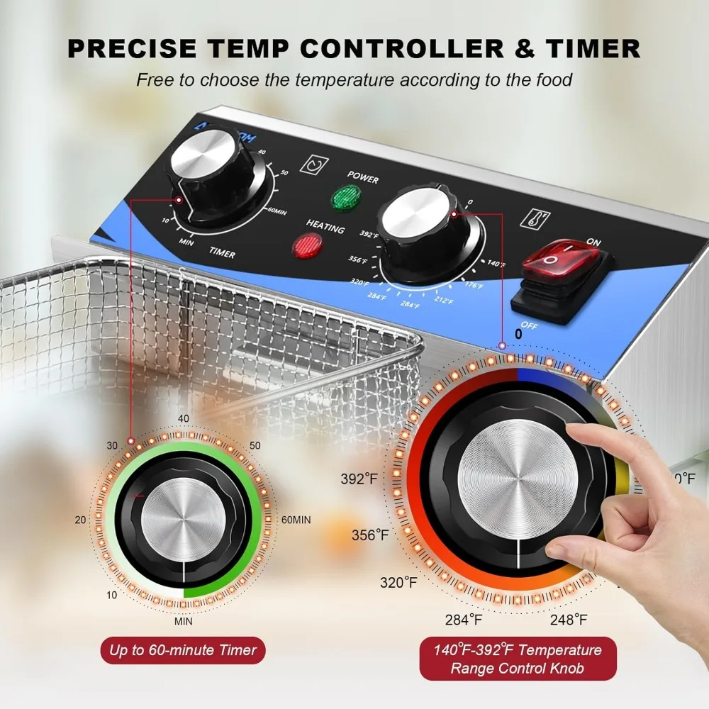 Freidora eléctrica comercial con cesta y tapa, máquina de freír encimera de cocina de acero inoxidable con drenaje, 8L/8,45qt