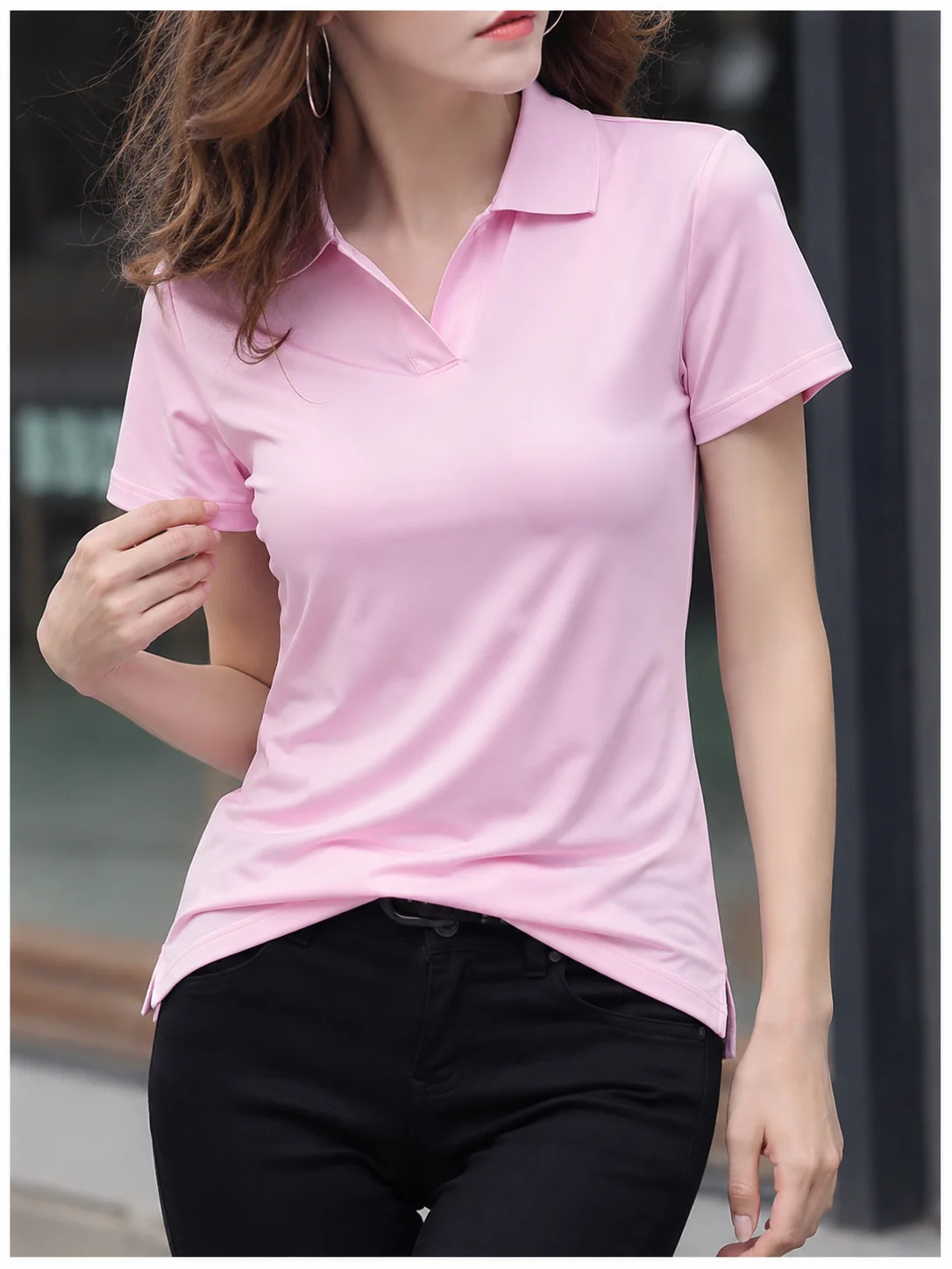 Women Solid Color Lapel Polo Shirt Summer Casual Breathable Short Sleeve Top Lightweight Commuter Daily Fashion Pullover Tee