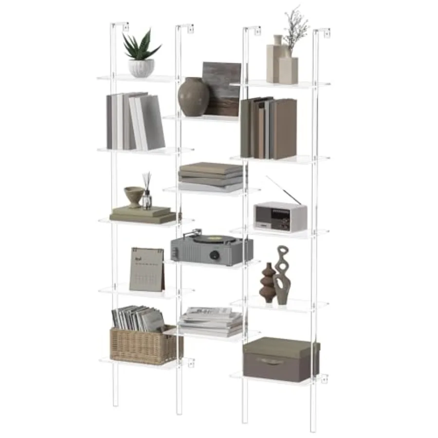 

Wall Mounted Acrylic Bookshelf, 5-Tier Clear Ladder Bookshelf with 14 Open Shelves, Multipurpose Modern Bookcase for Living Roo