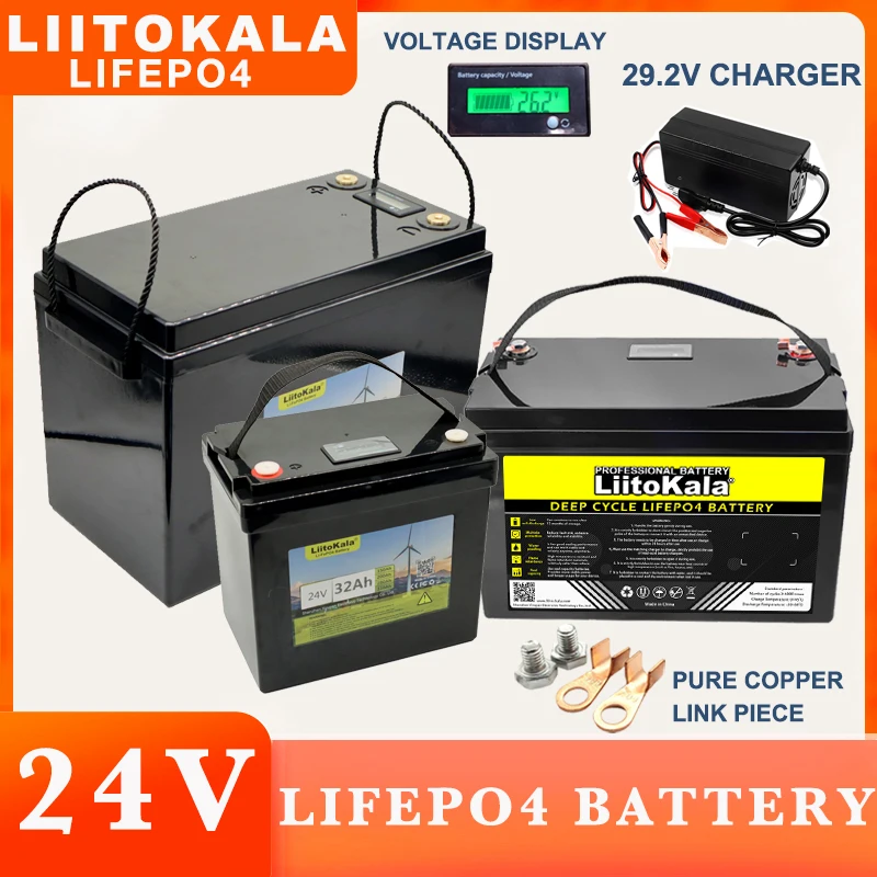 LiitoKala 24V 100Ah 60Ah 32Ah 8 strings LiFePO4 Battery packa for Boat Inverter Car lighter Batteries 29.2V Charger duty-free