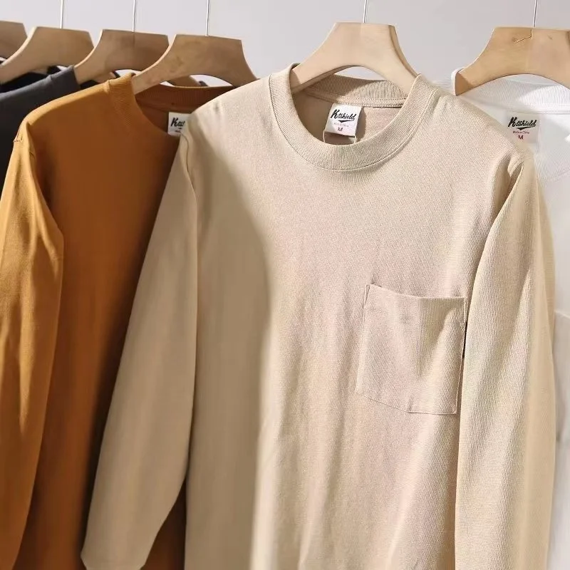 T-shirt a maniche lunghe tascabile basic in stile giapponese per uomo Nuovo pullover in cotone 100% allentato Top Camicie base per coppia primavera autunno