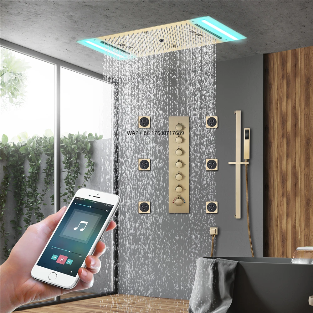 Rain & Waterfall 36x12Inch LED Shower Head with Music Speaker Massage & Jet Spray Thermostatic Control Shower Faucet