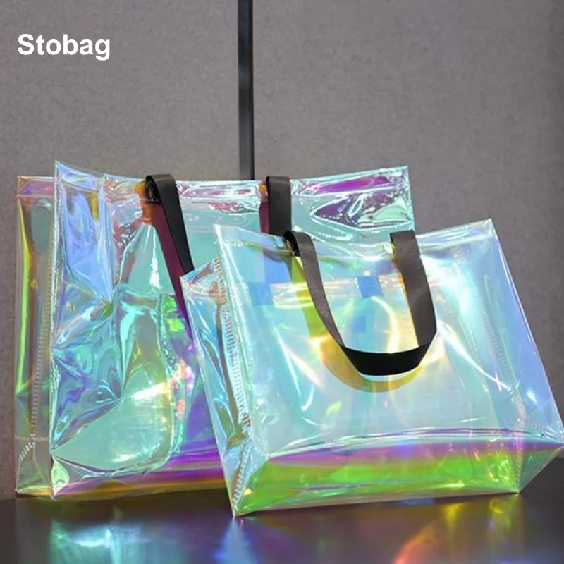 

StoBag 25pcs Laser Transparent Shopping Tote Bag Shoulder Gift Woman's Plastic Clothes Packaging Pouch Custom Logo(Extra Fee)