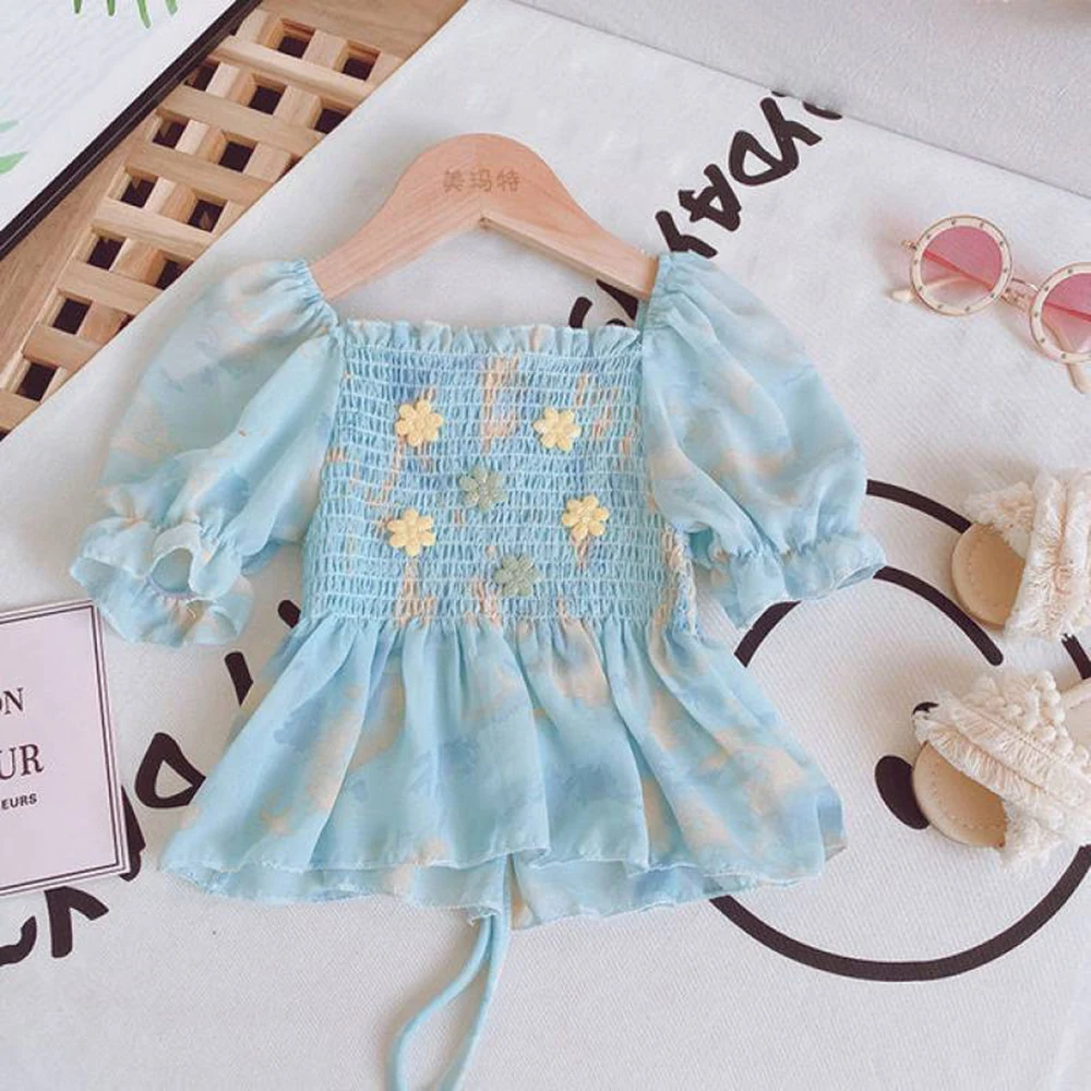 Cute Floral Baby Girls Shirt Summer Ruffles Short Puff Sleeve Square Collar Kids T-Shirts Princess Blouse Tops Children Clothes