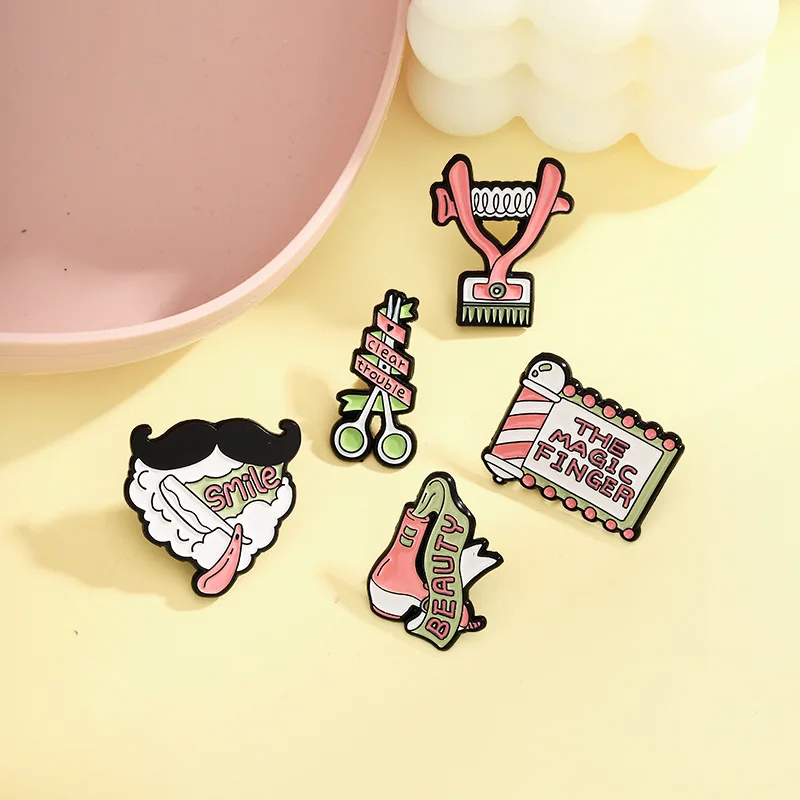 5pcs Cute Hairdressing Collection Enamel Brooch Hair Dryer Clipper Razor Lapel Pin Badge Backpack Clothing Hat Accessories