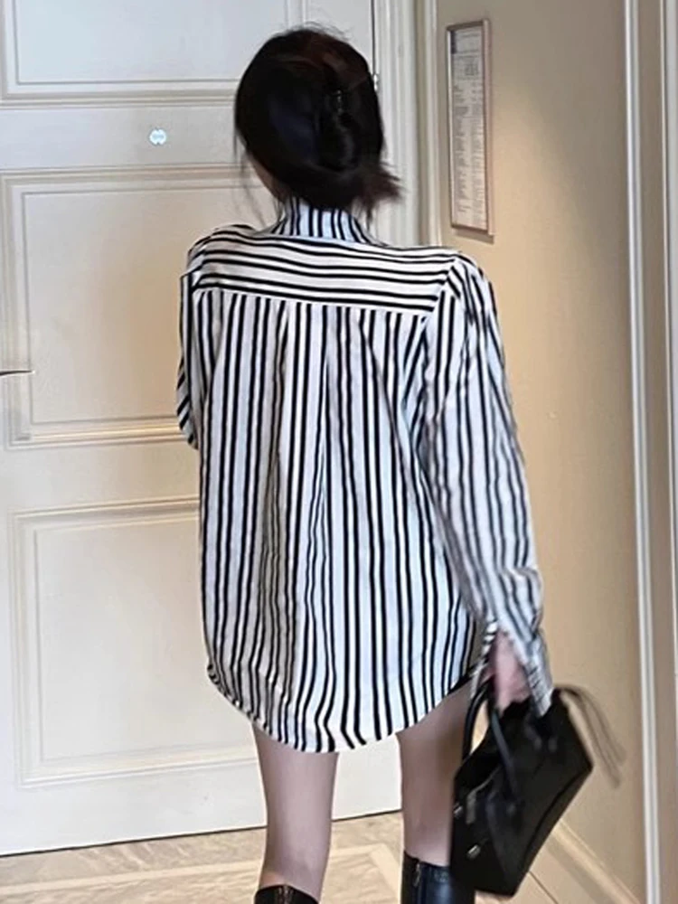 Women Casual Shirts French Vintage Blouse Spring Button Up Shirt Big Bowknot Vertical Stripes Loose Tops 2024 New