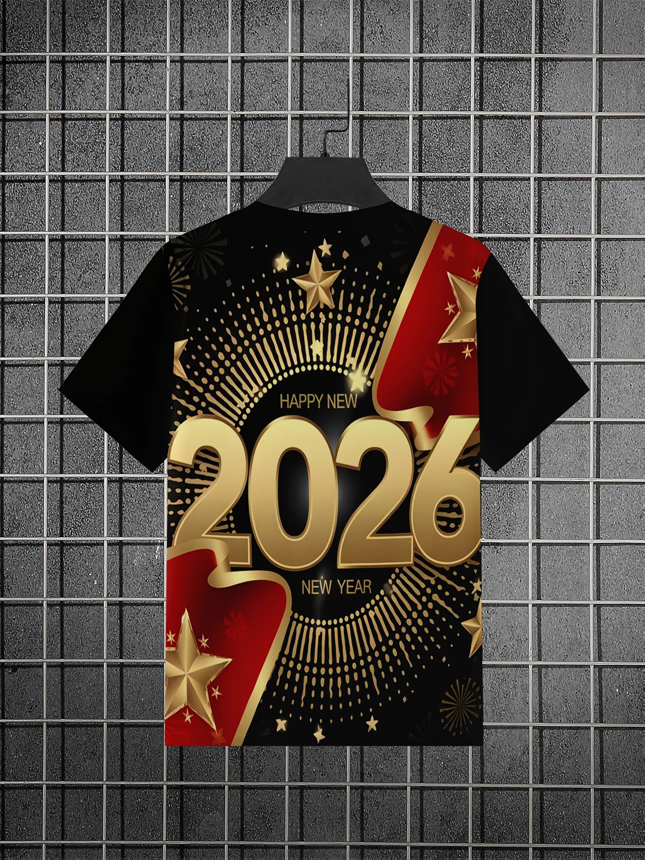 Men Crew Neck T-Shirt, 2026 Happy New Year Golden Numerals and Star Firework All Over Print Short Sleeve Tee