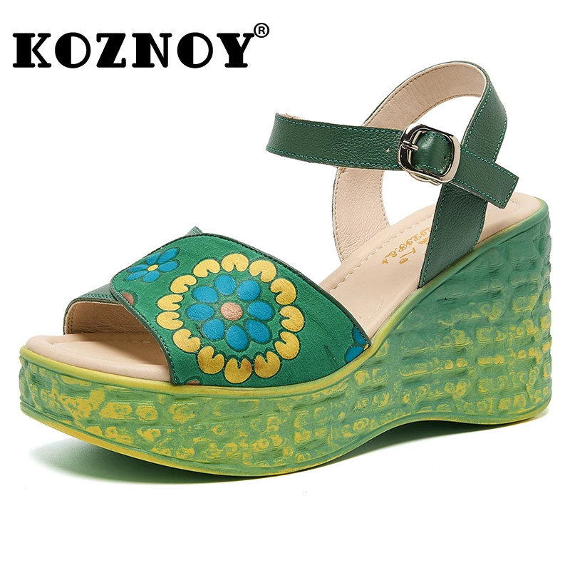 

Koznoy 8cm Ethnic Print Cow Genuine Leather Mary Jane Ladies Summer Round Sandals Platform Wedge Flats Shoes Buckle Women