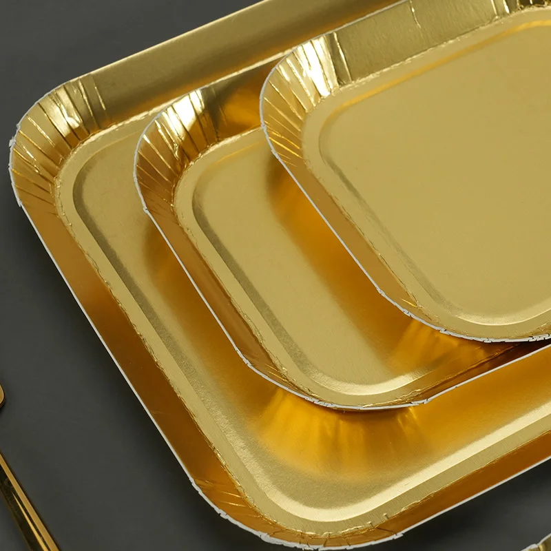 10pcs Golden Silver Trays Dinner Plates Disposable Paper Plate Birthday Wedding Party Tableware Golden Disposable Paper Tray