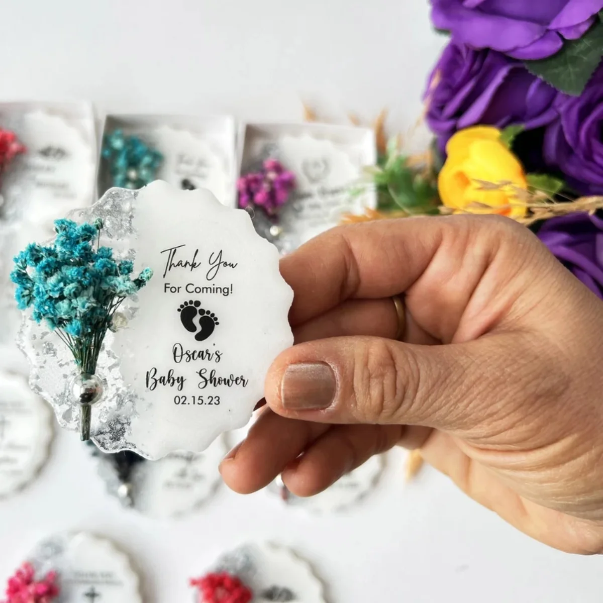 Custom  Baby Shower Favors, Baby shower gift ideas, Guest thank you gift, Baby in bloom, Epoxy Magnet, Birthday, Unique, Girl, B