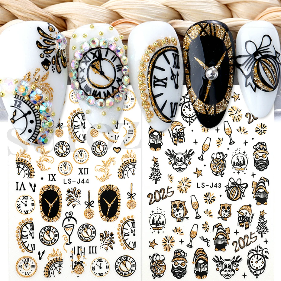 New Year 2023 Clock Nails Sticker Gold Shiny Glitter Luxurious Watch Countdown Festive Winter Festival Manicure Decal Tip LS-J44