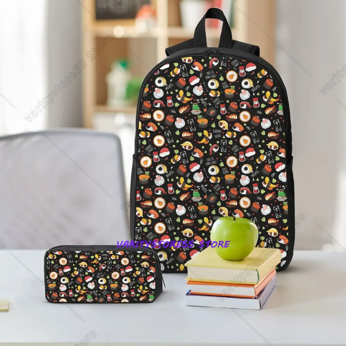 Japanese Guinea Pig Sushi - Black Background Backpack BookBag School Bag Shoulder Bags 3ps Insulated Lunch Bag Pencil Case