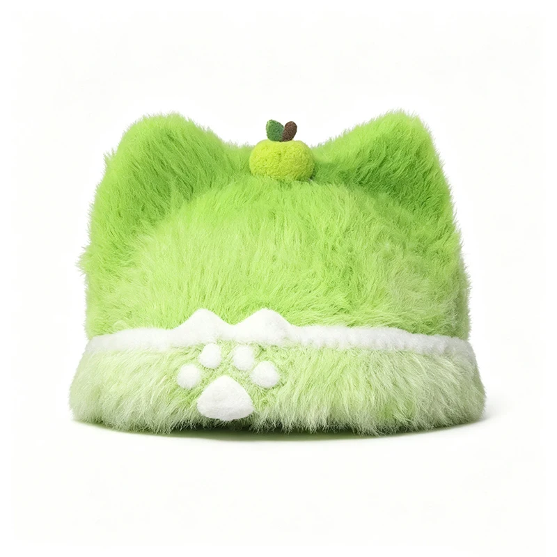 Handmade Green Cat Ear Hat Women Fuzzy Custom Crochet  Apple Claw Charm Knit Beanie Girls Winter Warm Kawaii Cosplay Cap for Pet
