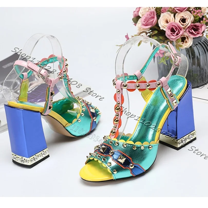 Mixed Ethnic Rivet Sandals Peep Toe Chunky Heels T-Strap Retro Style Ankle Buckle Women Summer Party Shoes Zapatos Para Mujere