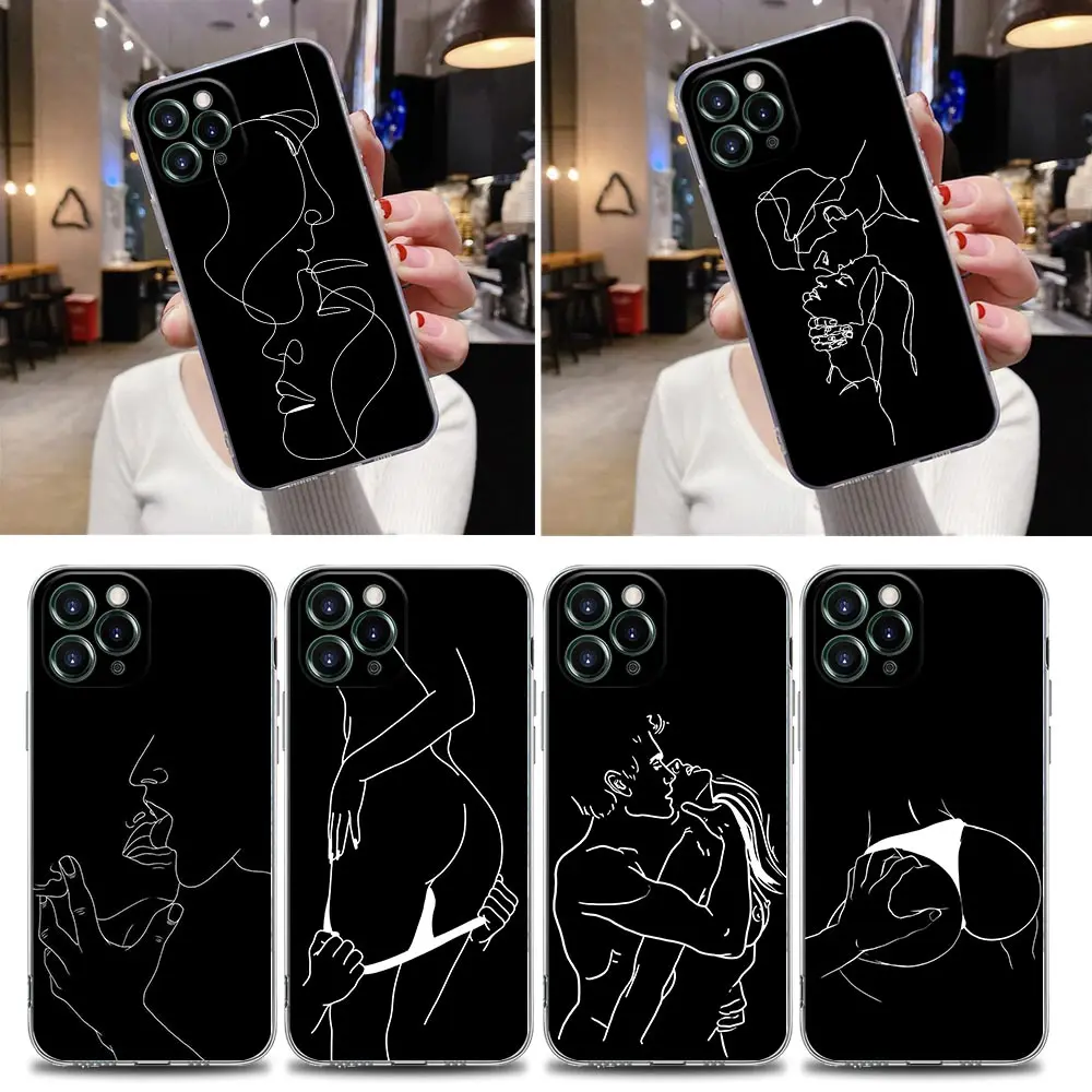 Couple Kiss Clear Case For iPhone 16 15 14 13 12 11 Pro Max Mini Xs XR X 7 8 Plus 6 Sexy Line Lover Cover For iphone 16 Pro Case