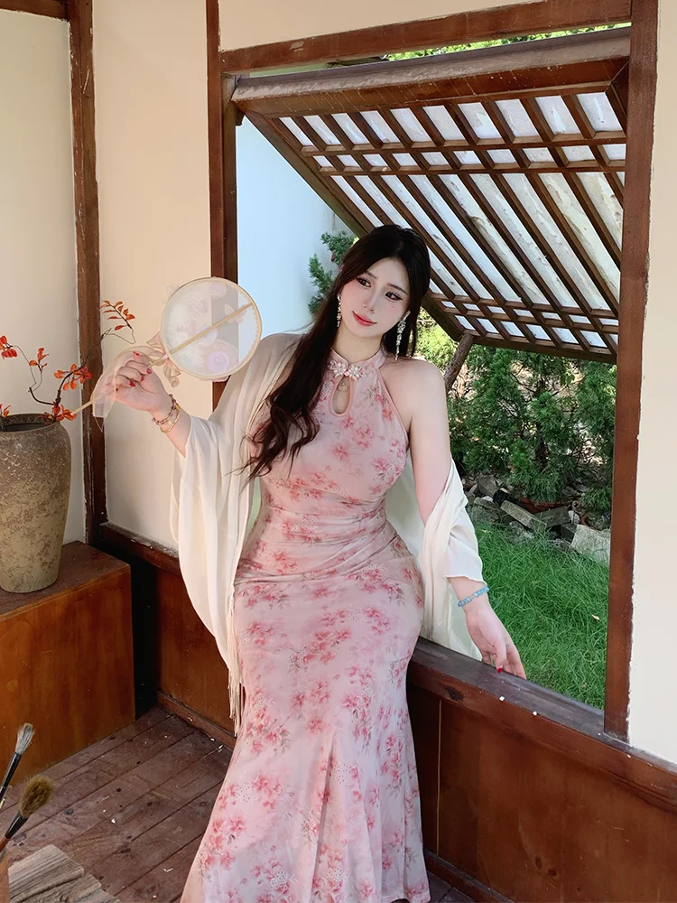 

Новое китайское платье-ципао Bbabes с цветочным принтом, открытыми плечами, больших размеров, приталенное, длинное, винтажное, средней длины