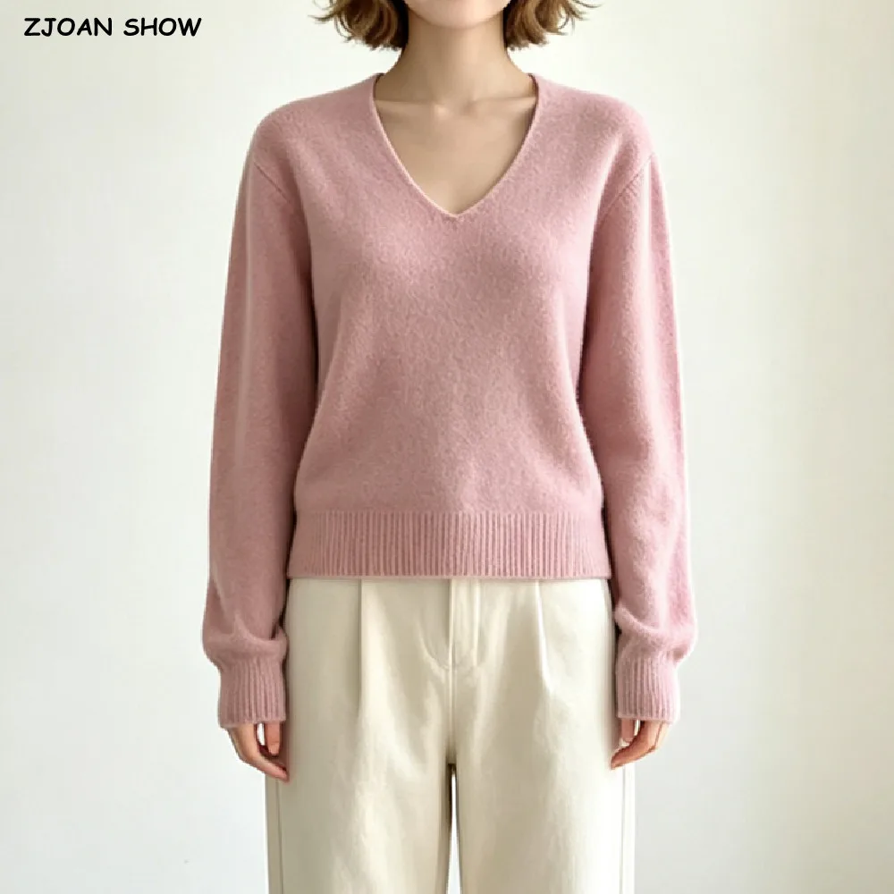 5 Colors Trendy Women Autumn V Collar Knitted Sweater Long Sleeve Pullover Knitwear Pink