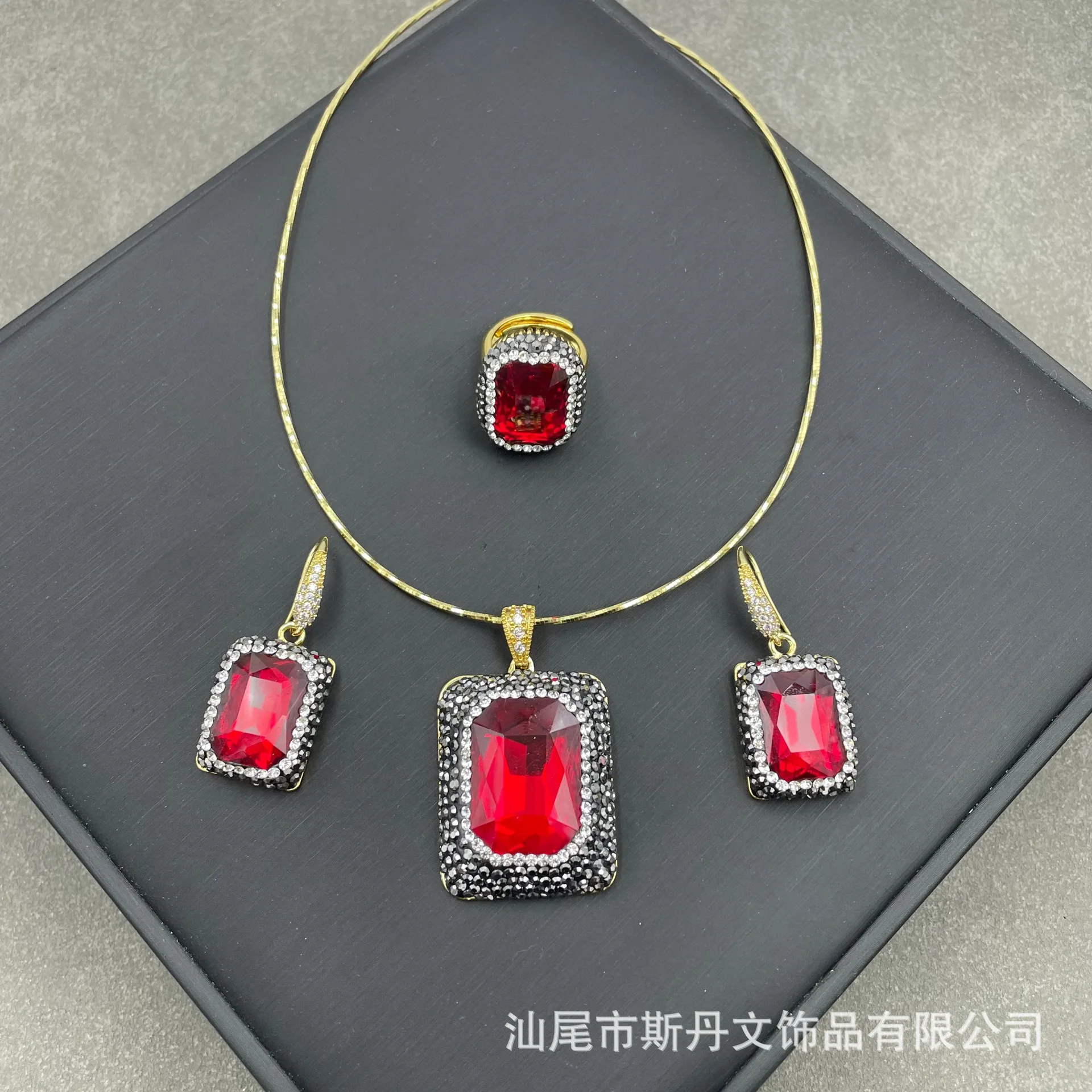 

Red Peony Flower Red Inlay Set Medieval S-warovski Crystal Set Medieval Jewelry Crystal, Necklace Earrings Ring