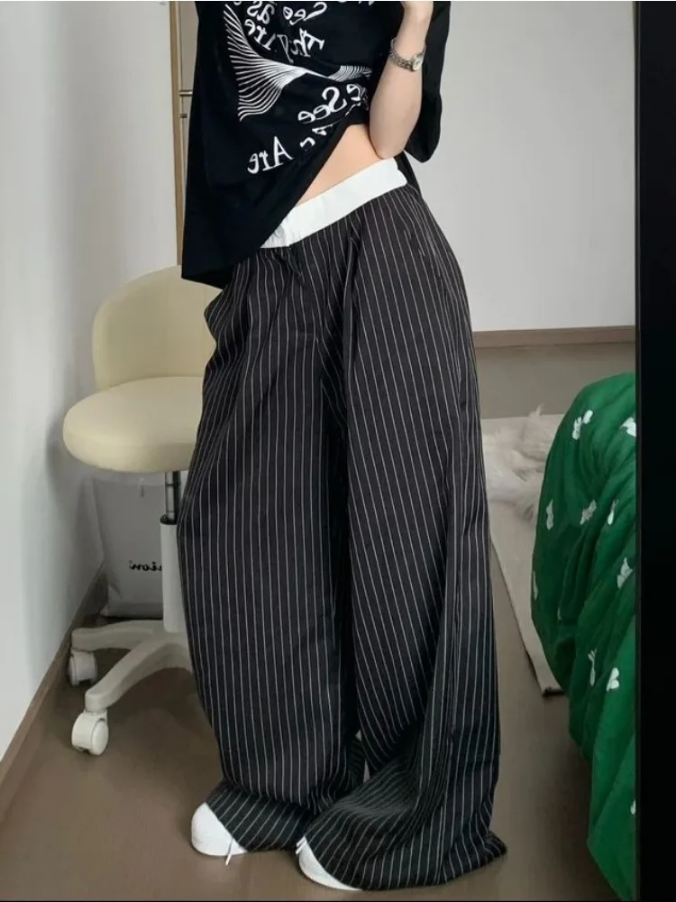 HOUZHOU Black Striped Suit Pants Woman Baggy Y2k Vintage Korean Style Trousers Oversize Harajuku Fashion Office Lady Slacks