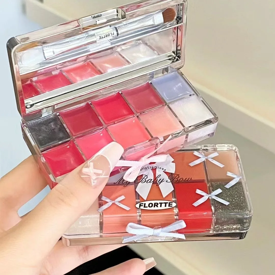 FLORTTE Peng Princess Lip Jelly Lipgloss Ten Color Toned Lip Frozen Plate Red Lip Glaze Cream Palette Makeup Set With Brush
